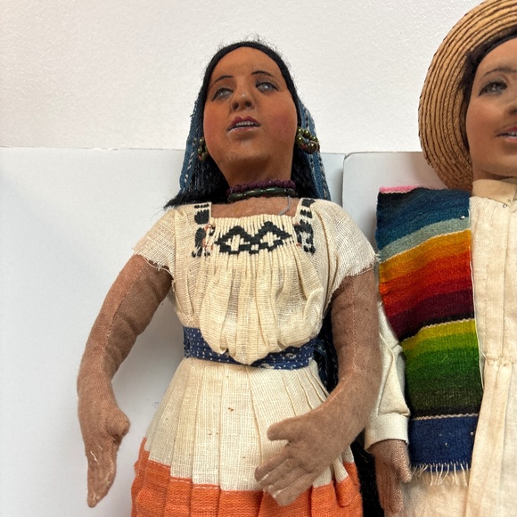 3 Vintage Mexican Folk Art Dolls Mid Century Cloth and  Glass Eyes - Picture 2 of 6